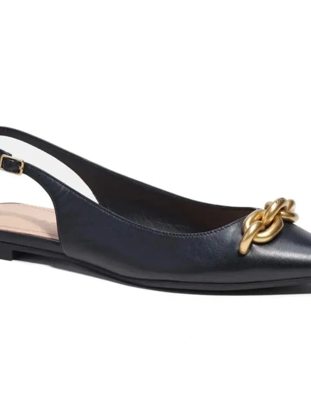 Coach Black Leather Pointed Slingback Flats with Gold Chain Accent
